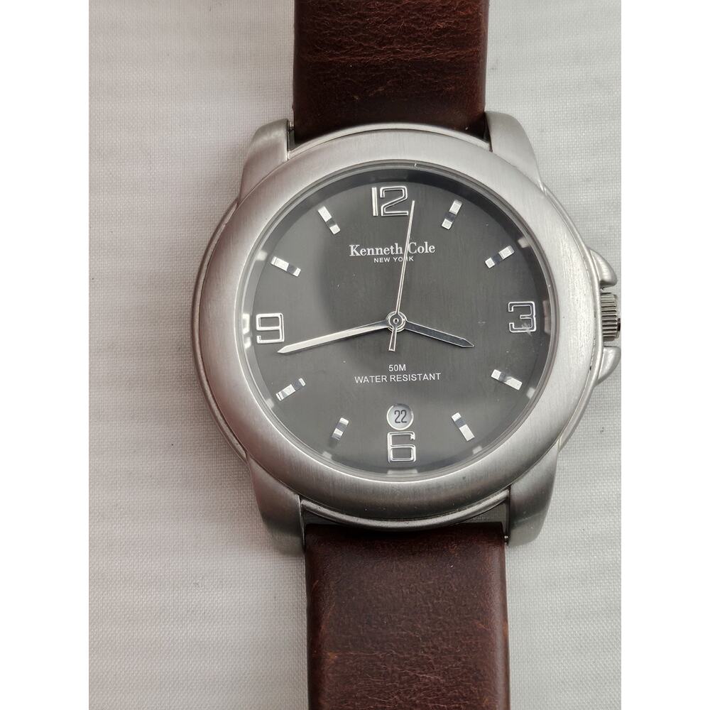 Rare Kenneth Cole Quartz Watch Gray Dial Brown Leather Band Date F93-03 Running